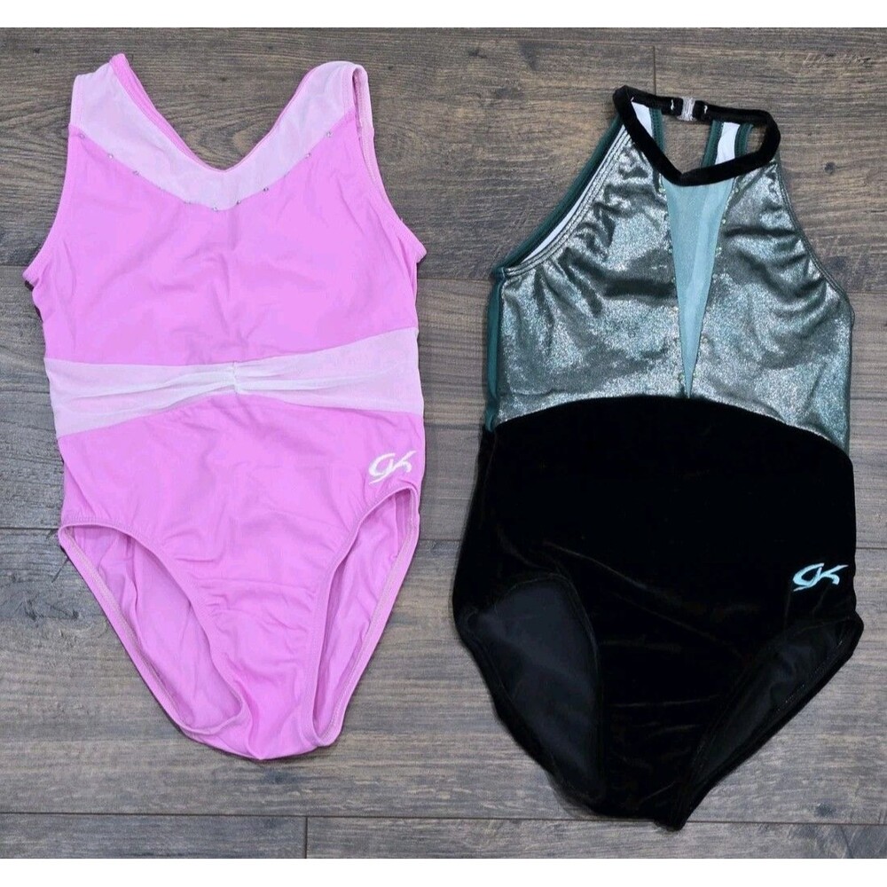 Bundle 2 GK Elite Gymnastics Leotards Girls Size CL Sparkly Pink Green